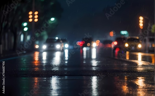 Rain at night on road with blurred lights background high quality photo 