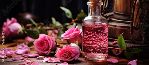 A transparent bottle filled with liquid sits on a wooden table with delicate pink flowers next to it