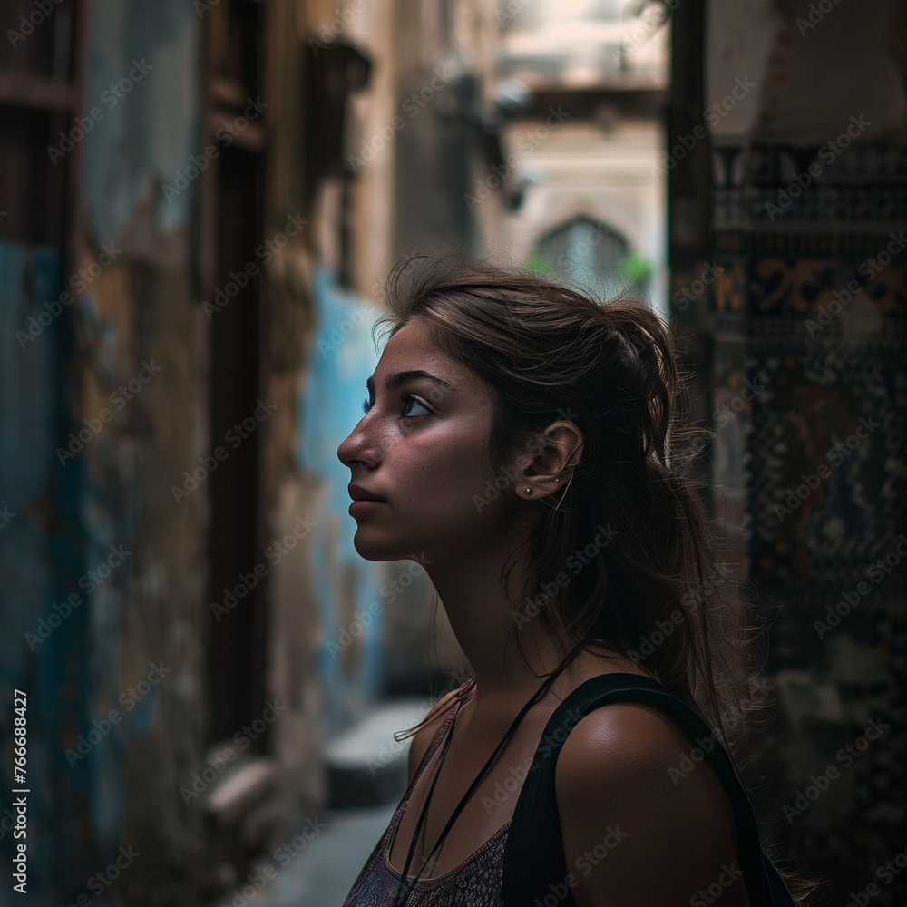 Obraz premium Contemplative Young Woman Exploring Narrow Alley in Historic Town
