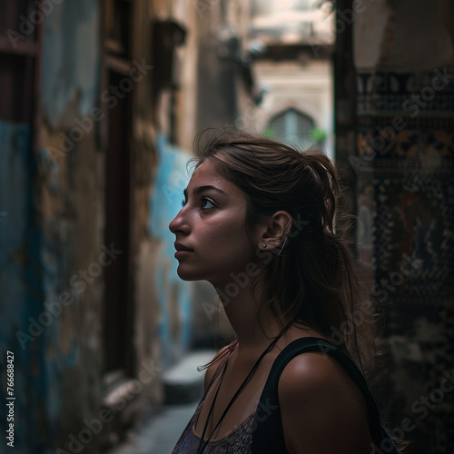Contemplative Young Woman Exploring Narrow Alley in Historic Town