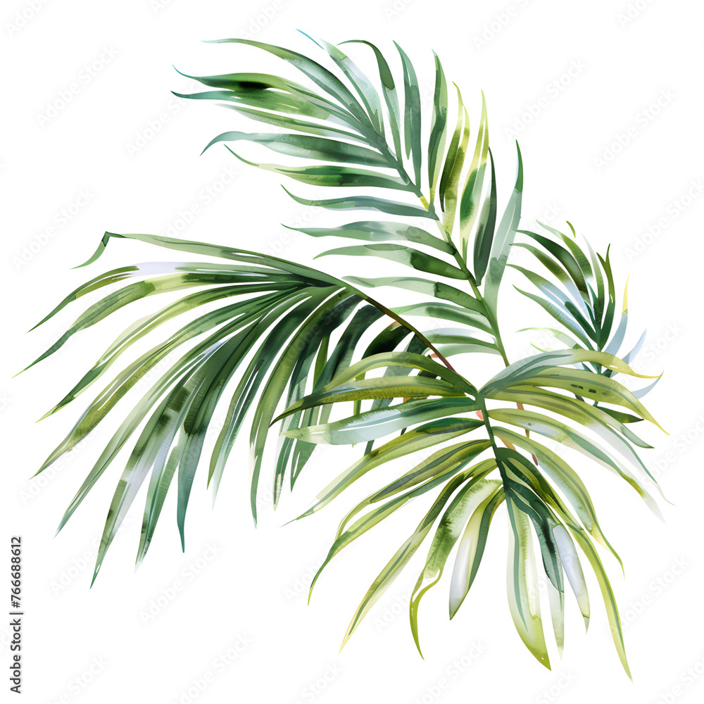 WatercolorTropical palm leaf isolated on white background. Green plant. Botanical illustration. WatercolorTropical palm leaf isolated on white background. Green plant. Botanical illustration.