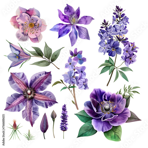 Beautiful flowers set on isolated white background, watercolor illustration, clematis, orchid, lavender, tulip and lilac