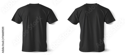 Mockup template of a solid black shirt, displayed from the front and back on a white background. Plain t-shirt presentation for showcasing tee, sweater, or sweatshirt designs intended for printing.