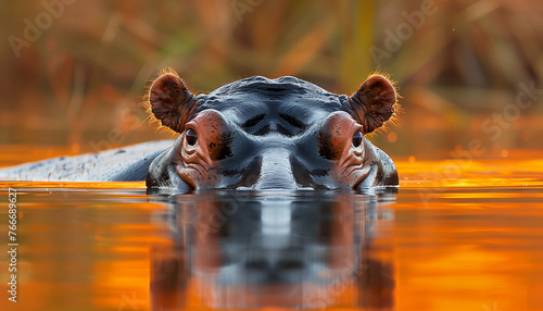 A hippopotamus is peaking out of the water at sunset, with its face reflected in the orange glow of the water