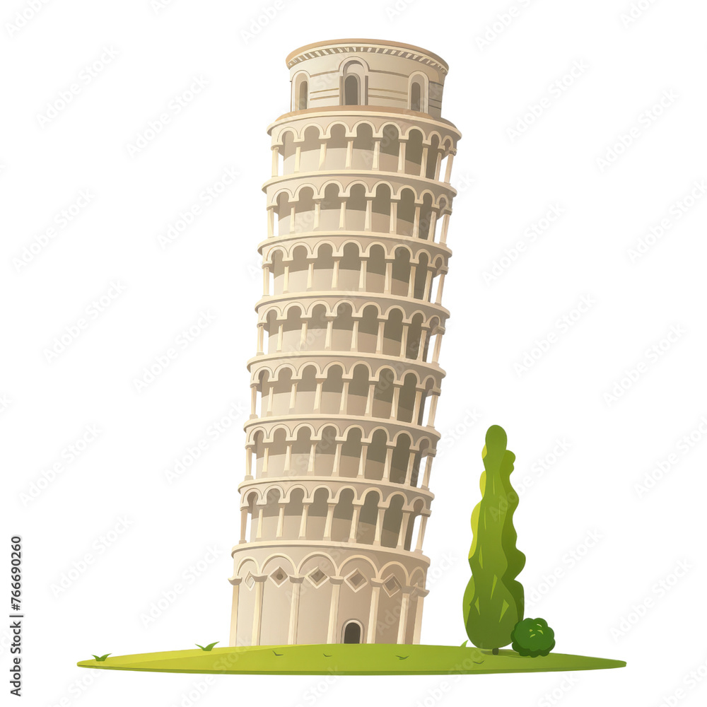 3D flat design of Leaning Tower of Pisa with beige and cream hues on a simple green landscape