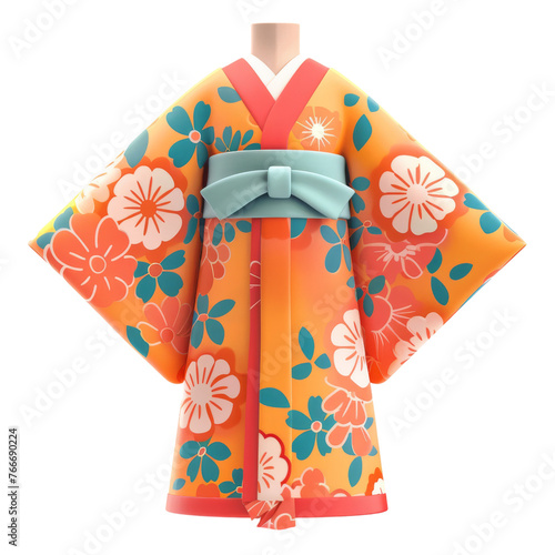 Colorful 3D flat icon of a Japanese Kimono with bright orange flowers and blue obi on a transparent background