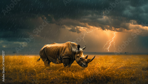A solitary rhinoceros stands on the savannah under a stormy sky with lightning in the background