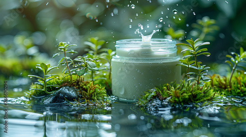 Glass cosmetic jar with skin face care moisturizer cream with rain and  water surface splashes on forest green plants background, eco beauty treatment.  Natural cosmetic concept photo