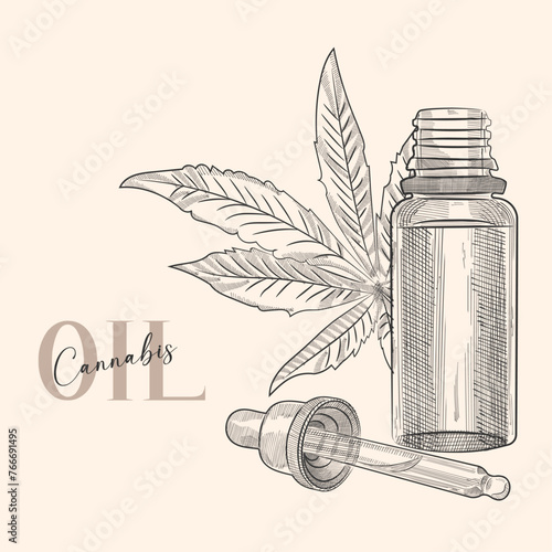 Cannabis cbd oil sketch. Marijuana product drawing. Hand drawn realistic vector illustration in sketch style