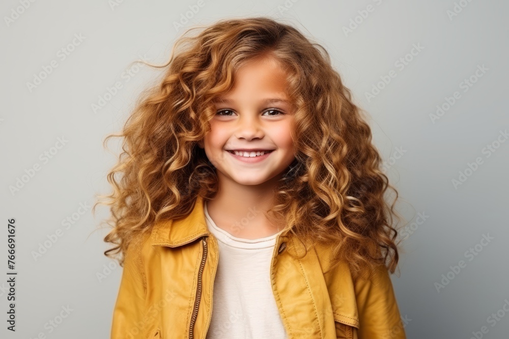 Portrait of a cute little girl with curly hair over grey background Portrait of a cute little girl with curly hair over grey background