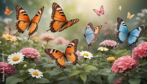Butterflies Fluttering Around A Blooming Garden