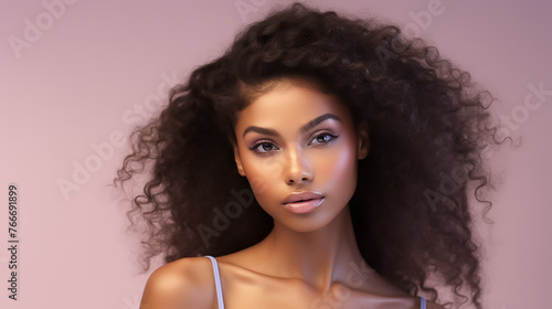 Beautiful young African American woman with clear skin on pink background. Skin care.