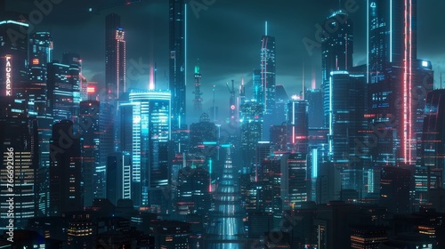 Cyberpunk Cityscape Cinematic shots of a futuristic city skyline illuminated by neon lights capturing the bustling energy and t AI generated illustration