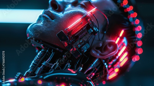 Cybernetic Body Modifications Detailed shots of futuristic cybernetic body modifications and enhancements featuring neon-lit ta  AI generated illustration © ArtStage
