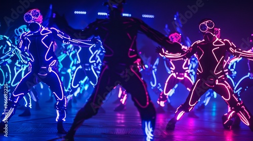 Futuristic Neon Dance Performances Detailed shots of futuristic neon dance performances and choreographed routines featuring ne AI generated illustration