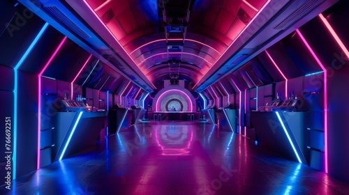 Futuristic Nightclubs Professional photographs of futuristic nightclubs and dance venues featuring neon-lit dance floors DJ boo AI generated illustration