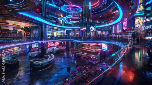 Futuristic Nightlife Districts Detailed shots of futuristic nightlife districts and entertainment hubs illuminated by neon ligh AI generated illustration