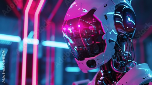 Futuristic Robotics Detailed shots of futuristic robots and androids illuminated by neon lights showcasing advanced AI technolo AI generated illustration