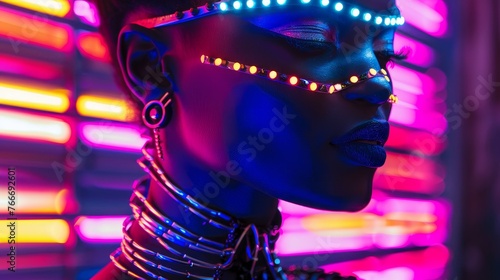 Neon Cyberpunk Fashion Accessories Cinematic captures of neon-lit cyberpunk fashion accessories featuring futuristic jewelry we AI generated illustration