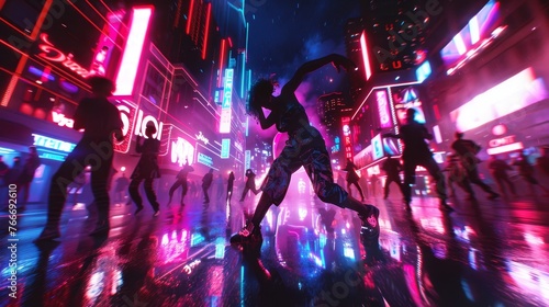 Neon Cyberpunk Dance Battles Cinematic captures of neon-lit cyberpunk dance battles and street performances featuring urban dan  AI generated illustration