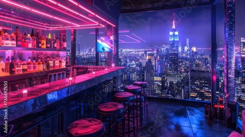 Neon Cyberpunk Rooftop Bars Cinematic captures of neon-lit cyberpunk rooftop bars and lounges featuring panoramic views of the AI generated illustration