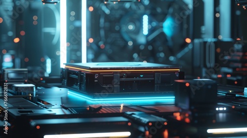 Tech Savvy Cinematic shots highlighting the tech-savvy features of a product on a podium with futuristic lighting and effects t  AI generated illustration photo