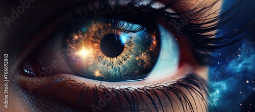 A detailed close-up view of a person's eye with a stunning galaxy in the distant background
