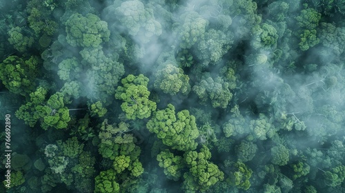 A bird's-eye view of a dense forest, with towering trees emerging from the mist.