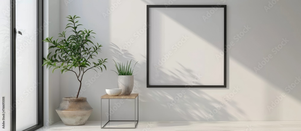 Empty picture frame placeholder on a white wall with an artwork template for interior design. Empty picture frame placeholder on a white wall with an artwork template for interior design.