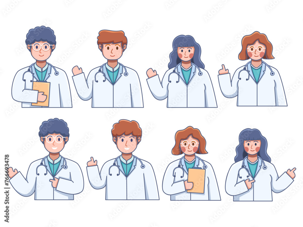Collection of illustrations featuring doctor portraits in various poses and genders, showcasing the diversity and expertise of healthcare professionals. Each doctor is depicted wear medical uniform  