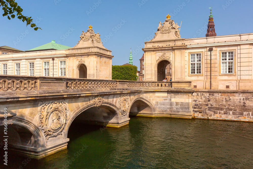 The main entrance to Christiansborg with two Rococo pavilions and Marble Bridge, Copenhagen, Denmark