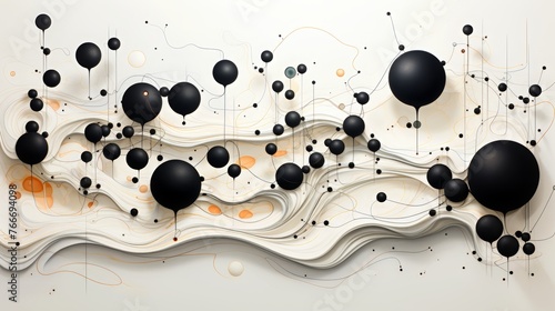 Abstract wall sculpture featuring dripping black spheres over white and yellow ripples