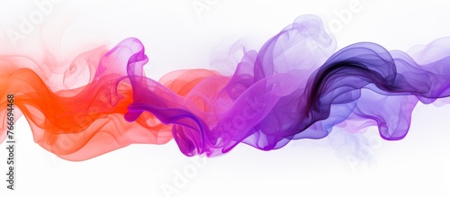 An artistic display of purple, magenta, violet, and paint creating a wave of colorful smoke on a white background, resembling a painting or drawing