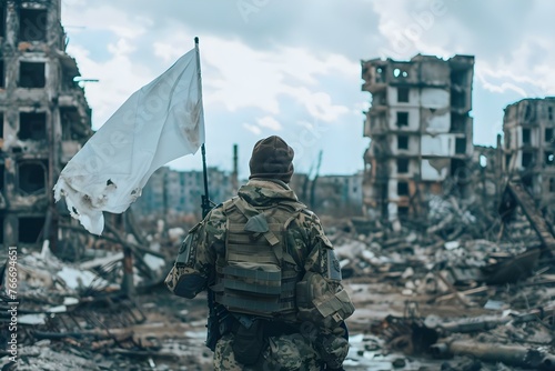 Military man with a white flag on the background of the destroyed city in the style of Minimalist Music centered professional photo copy space. Concept Military, Man, White Flag, Destroyed City