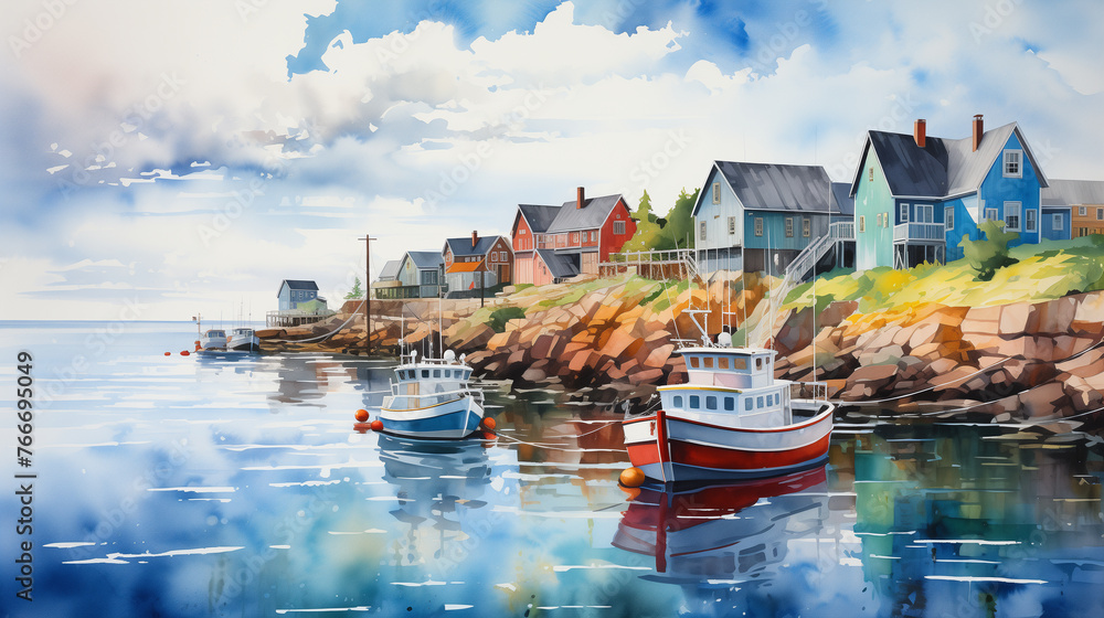 Watercolor illustration of a quaint seaside village with brightly colored houses and moored fishing boats reflecting in the calm harbor waters. - obrazy, fototapety, plakaty 