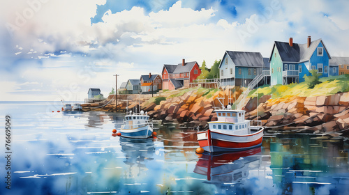 Watercolor illustration of a quaint seaside village with brightly colored houses and moored fishing boats reflecting in the calm harbor waters. photo