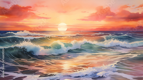 A vivid watercolor illustration captures the beauty of rolling ocean waves under a spectacular sunset sky, painted with vibrant colors, evoking a sense of awe and tranquility.