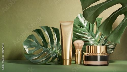 cosmetics products on green background and tropical monstera leaves beauty concept 3d rendering