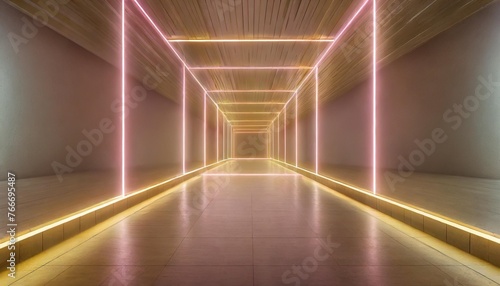 3d render pink neon lines square shapes inside empty room virtual space ultraviolet light 80 s style retro disco club interior fashion show stage abstract background photo