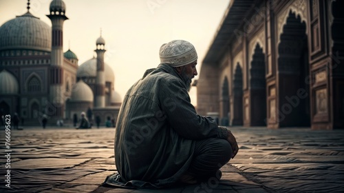 Muslim man praying in front of the mosque in the old town