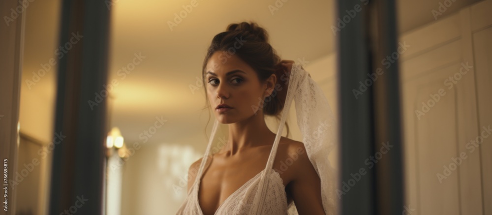A woman in a wedding dress and veil is standing in front of a mirror, admiring her reflection. Her hand gently rests on her abdomen as she takes in the moment of this special event