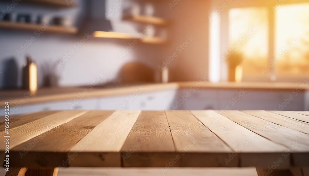 wooden table on blurred kitchen bench background empty wooden table and blurred kitchen background