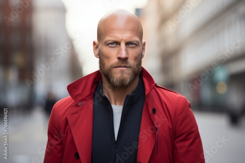 Portrait of a bald man in a red coat on the street