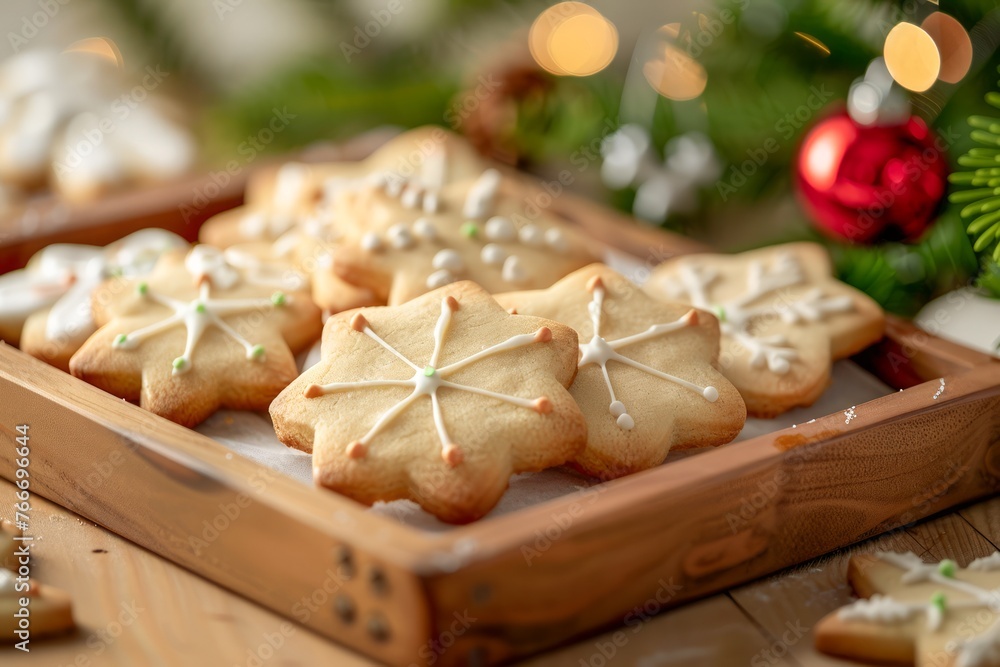 Festive Homemade Christmas Star Cookies with Icing in Wooden Tray, Holiday Baking Background with Lights and Ornaments Festive Homemade Christmas Star Cookies with Icing in Wooden Tray, Holiday Baking Background with Lights and Ornaments