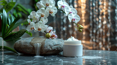 Glass cosmetic jar with skin face care moisturizer cream with rain on waterfall water surface background, orchids lying near, eco beauty treatment. Natural cosmetic concept