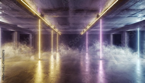 sci fi futuristic smoke fog neon laser garage room blue pink violet neon abstract background ultraviolet light night club cyber undergound warehouse concrete reflective studio 3d render illustration