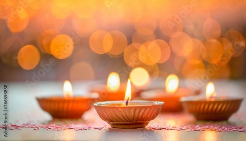diwali candles in orange bokeh background in indian festive placed on the table copy space setting out