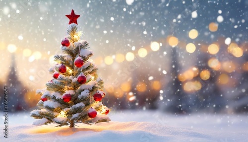 a christmas tree in the snow with a red and white christmas tree in the background beautiful festive christmas light snowy background with geerative