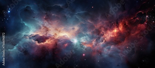 An artistic representation of a vibrant nebula in outer space, showcasing a blend of magenta and blue hues resembling a celestial event