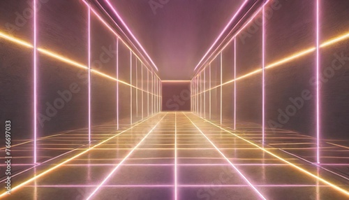 3d render pink neon lines square shapes inside empty room virtual space ultraviolet light 80 s style retro disco club interior fashion show stage abstract background